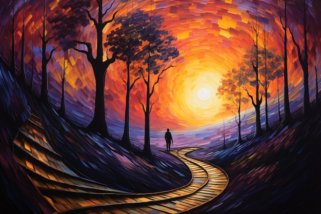 Vivid Sunset Journey Abstract Artistic Path with Silhouette and Swirl Sky isolated