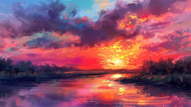 A vivid sunset sky with a bright yellow sun and vibrant orange pink and purple clouds