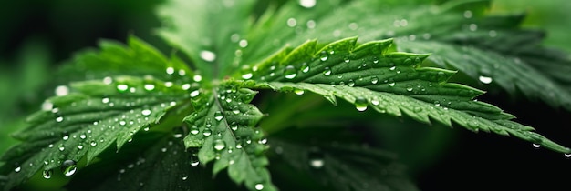 Vivid surreal macro shot 3d marijuana leaves with dew drops on blurred background in hd