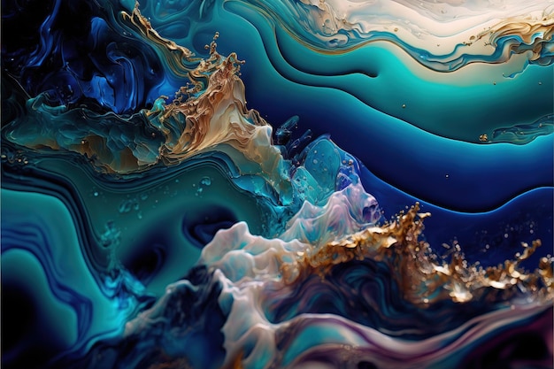 Vivid swirled alcohol ink or wavy fluid liquid with metallic texture