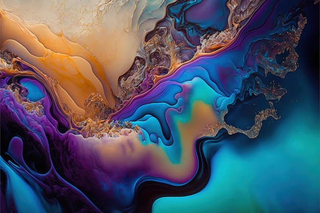 Vivid swirled alcohol ink or wavy fluid liquid with metallic texture