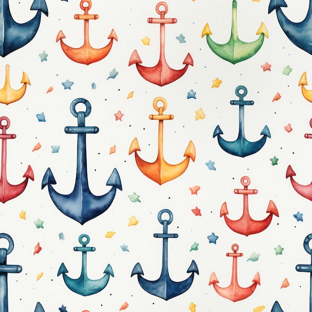 Vivid Watercolor Anchors Seamless Pattern AI Generated