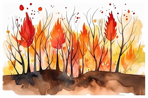 Vivid watercolor portrayal of a catastrophic forest fire with trees engulfed in orange flames Generative AI