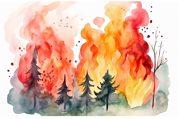 Vivid watercolor portrayal of a catastrophic forest fire with trees engulfed in orange flames Generative AI