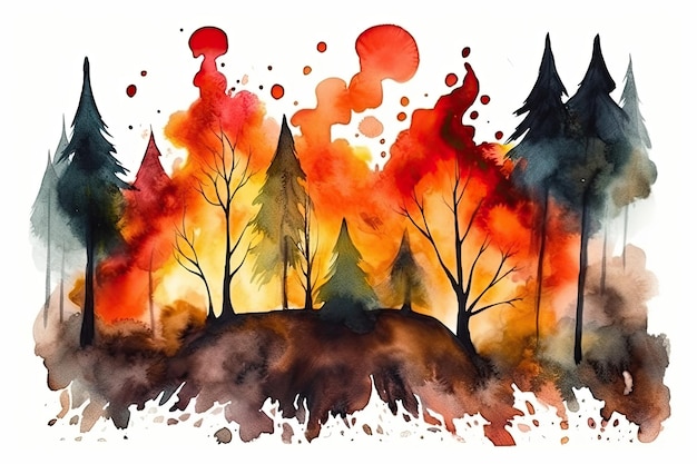 Vivid watercolor portrayal of a catastrophic forest fire with trees engulfed in orange flames Generative AI