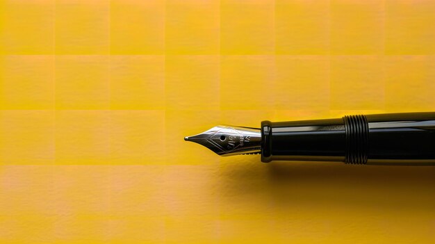 Photo on a vivid yellow backdrop rests a sophisticated black fountain pen generative ai