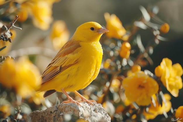 Photo a vivid yellow canary bird perched on a rock among blooming flowers