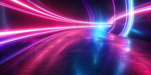 Vividly colored abstract background with neon lights and glowing lines created using 3D rendering