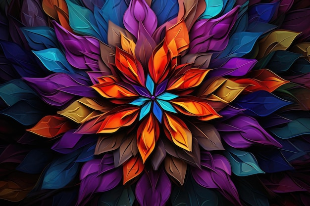 A vividly colored flower bursts to life against a dark black backdrop in this striking painting A kaleidoscopic explosion of jewel tones in an abstract pattern AI Generated