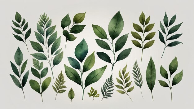 Photo vividly rendered colividly rendered collection of lush green leaves painted in delicate watercolors