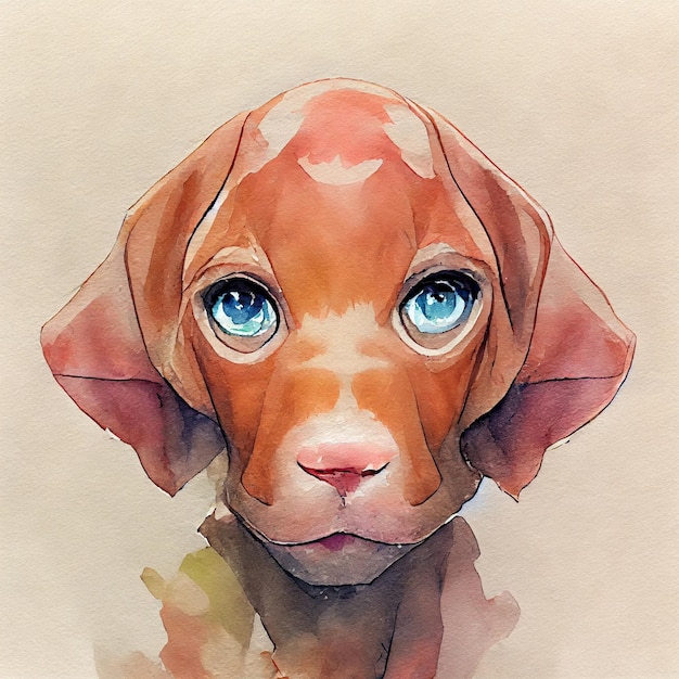 Vizsla. Adorable puppy dog. Watercolor illustration with color spots. All dog breeds