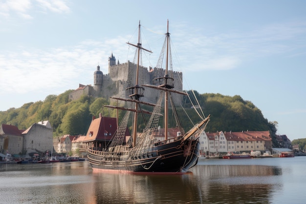 Vking ship docked at harbor with view of nearby village and towering castle