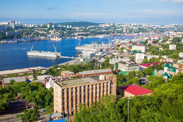 Vladivostok city aerial panoramic view, Primorsky Krai in Russia. Vladivostok is located at the head of the Golden Horn Bay.