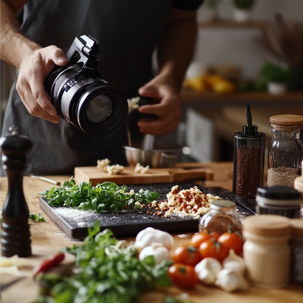 a vlogger creating a cooking video with ingredients and kitchen equipment visible2