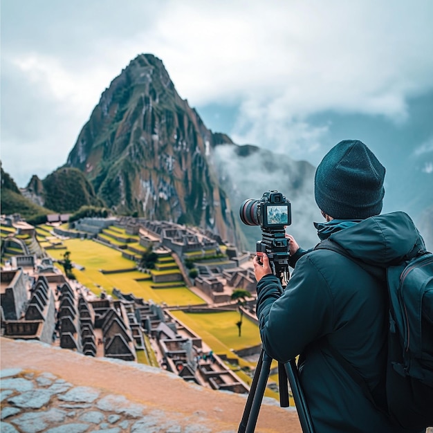 Photo a vlogger filming a travel vlog with iconic landmarks and scenic views in the background4