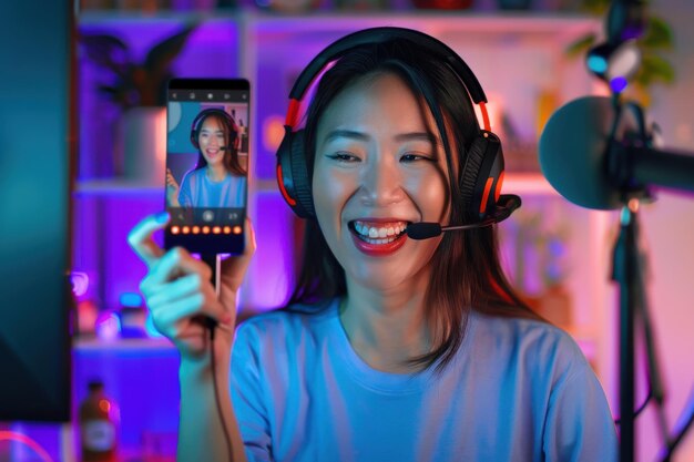 Vlogger live streaming podcast review on social media Young Asian woman use microphones wear headph