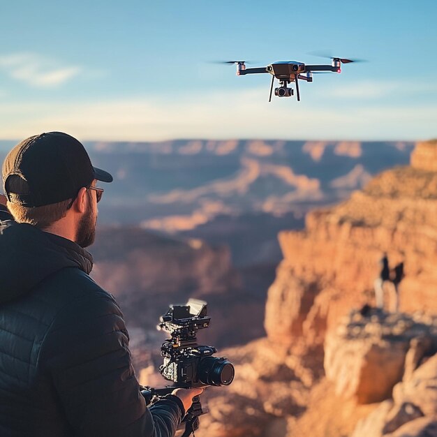 A vlogger recording a travel video at a scenic location with a drone overhead