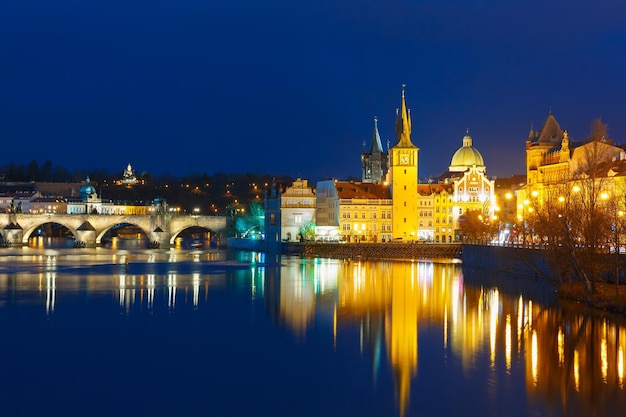 Vltava River and Old Town at night in Prague