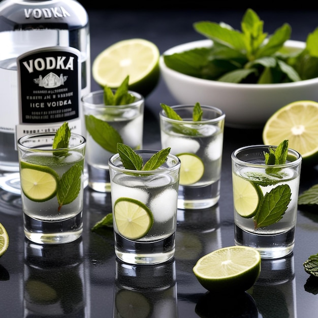 Photo vodka bottle with shot glasses lime mint and ice on black table flat lay