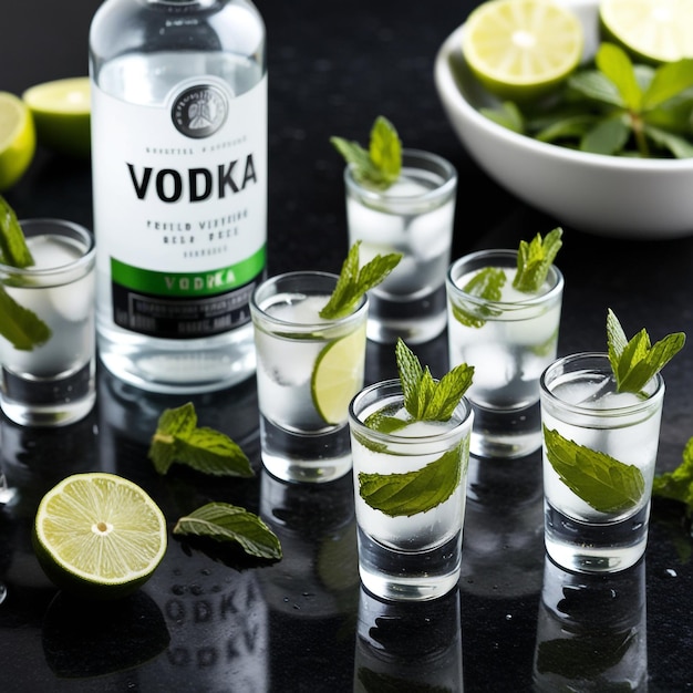 Photo vodka bottle with shot glasses lime mint and ice on black table flat lay