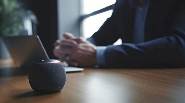 Voice Assistant in Closeup in Front of a Businessman Working at His Desk Generative AI