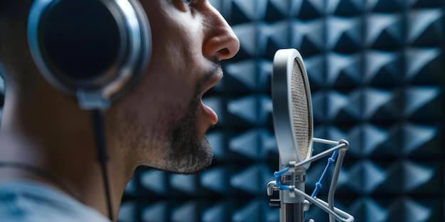 Photo voiceover artist in soundproof studio recording precise dubbing narration for project concept voiceover soundproof studio dubbing narration precise recording