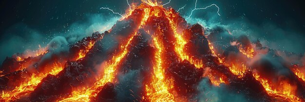 Photo volcanic eruption in a dramatic landscape with flowing lava and dark clouds at night