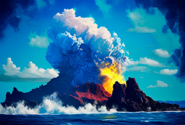 Volcanic eruption on the island illustration Blue sky and water ocean sea Generative AI