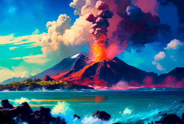 Volcanic eruption on the island illustration Blue sky and water ocean sea Generative AI