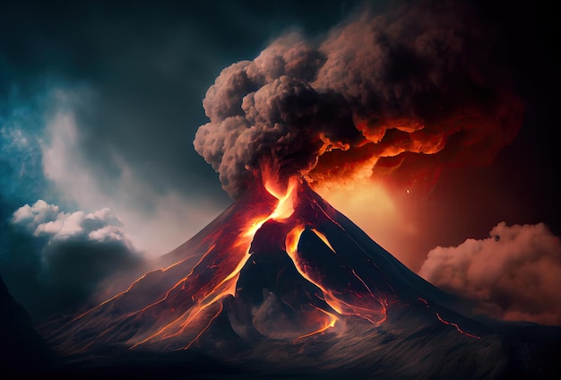 Volcanic eruption in Italy Powerful explosion Lava flows Lots of smoke and fire Generative AI Art Apocalypse