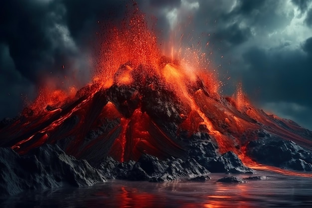 Volcanic eruption at night Generative AI illustration