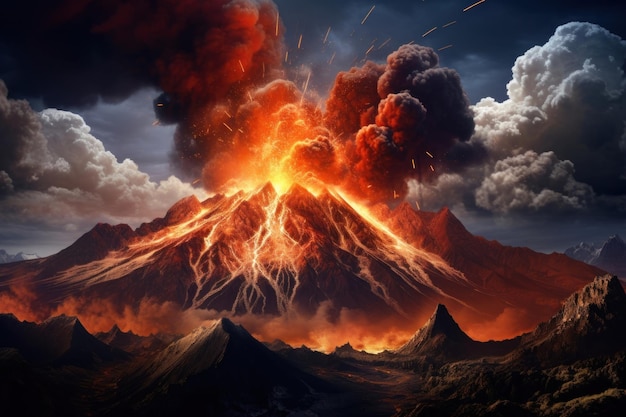 Volcanic eruption on a rocky planet mountain outdoors volcano