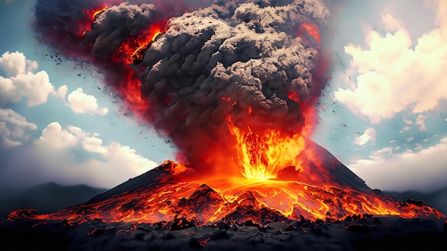 A volcanic eruption spewing lava and ash into the sky