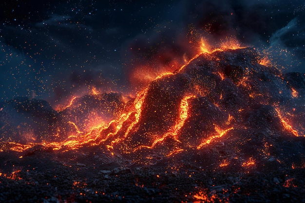 Volcanic eruption with lava and ash in the crater at night