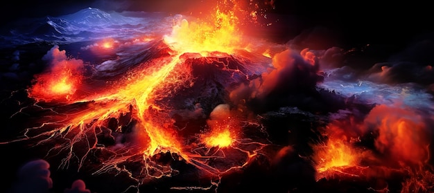 Photo volcanic eruption with lava and smoke panoramic layout generative ai