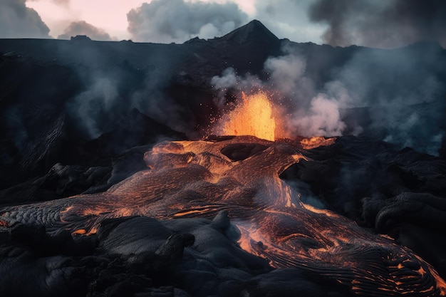 Volcanic eruption with massive lava flow creating new landscape