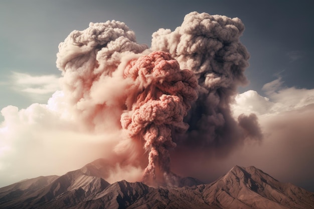 Volcanic eruption with smoke and ash clouds created with generative ai