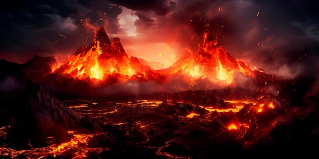 volcanic magma eruptions with lava flows and ash in the air