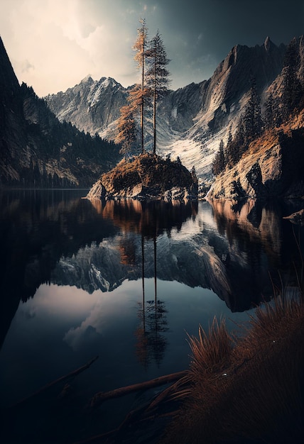 Volcanic mountain in evenning light reflected in calm waters of lake