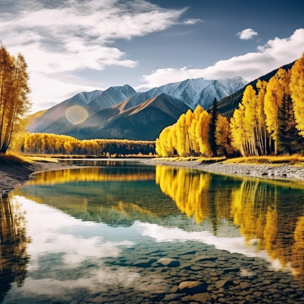 Volcanic mountain in morning light reflected in calm waters of lake generative ai