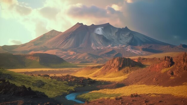 Volcanic mountain range with crater on wilderness in summer colorful volcanic mountains Landmannalaugar in Iceland