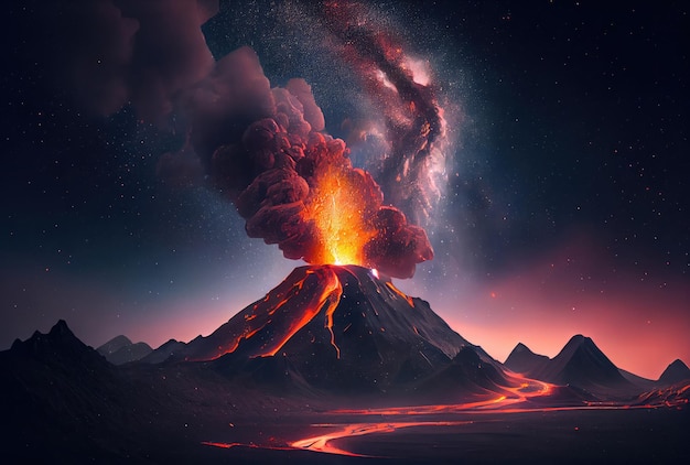 The volcano erupted with hot lava and black smoke covering the sky Nature and disaster concept Generative AI