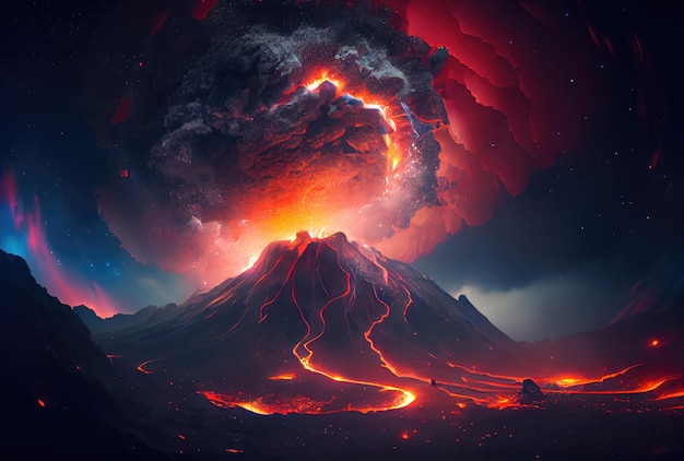 The volcano erupted with hot lava and black smoke covering the sky Nature and disaster concept Generative AI