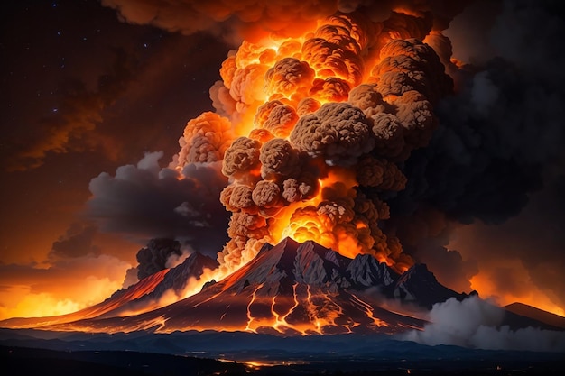 Volcano erupting in the sky with smoke and fire oil painting style