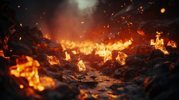 A volcano erupting throwing fire balls by the air 6k bokeh