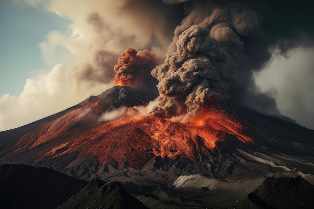 Volcano erupting with rivers of lava and smoke billowing into the sky