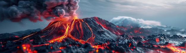 Volcano eruption at night Panoramic view 3D Rendering Ai generated