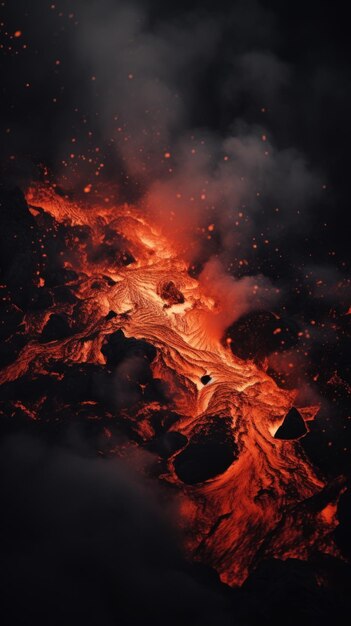 Photo volcano eruption with fiery lava and smoke generative ai