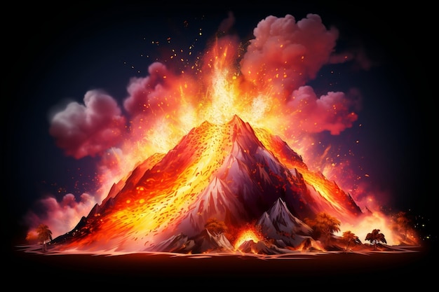 Volcano eruption with lava on a dark background Generative Ai