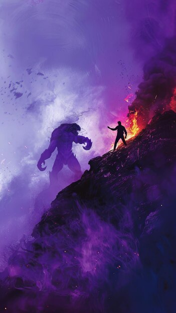 Volcano eruption with silhouette of man and woman 3d illustration